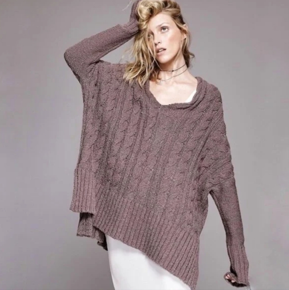 Free People Easy Cable V Neck Oversize Knit Sweater - Taupe/Mushroom Size Large
